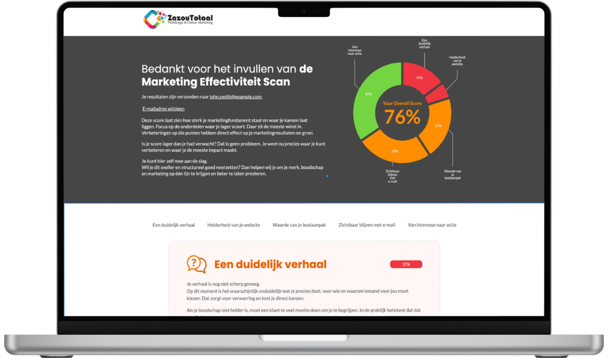 Laptop met de scorecard van de Marketing Effectiviteit Scan