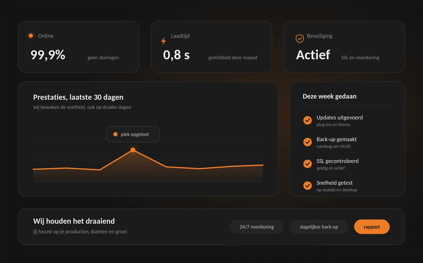Onderhoudsdashboard: 99,9% online, laadtijd 0,8 seconden, beveiliging actief en wekelijkse updates