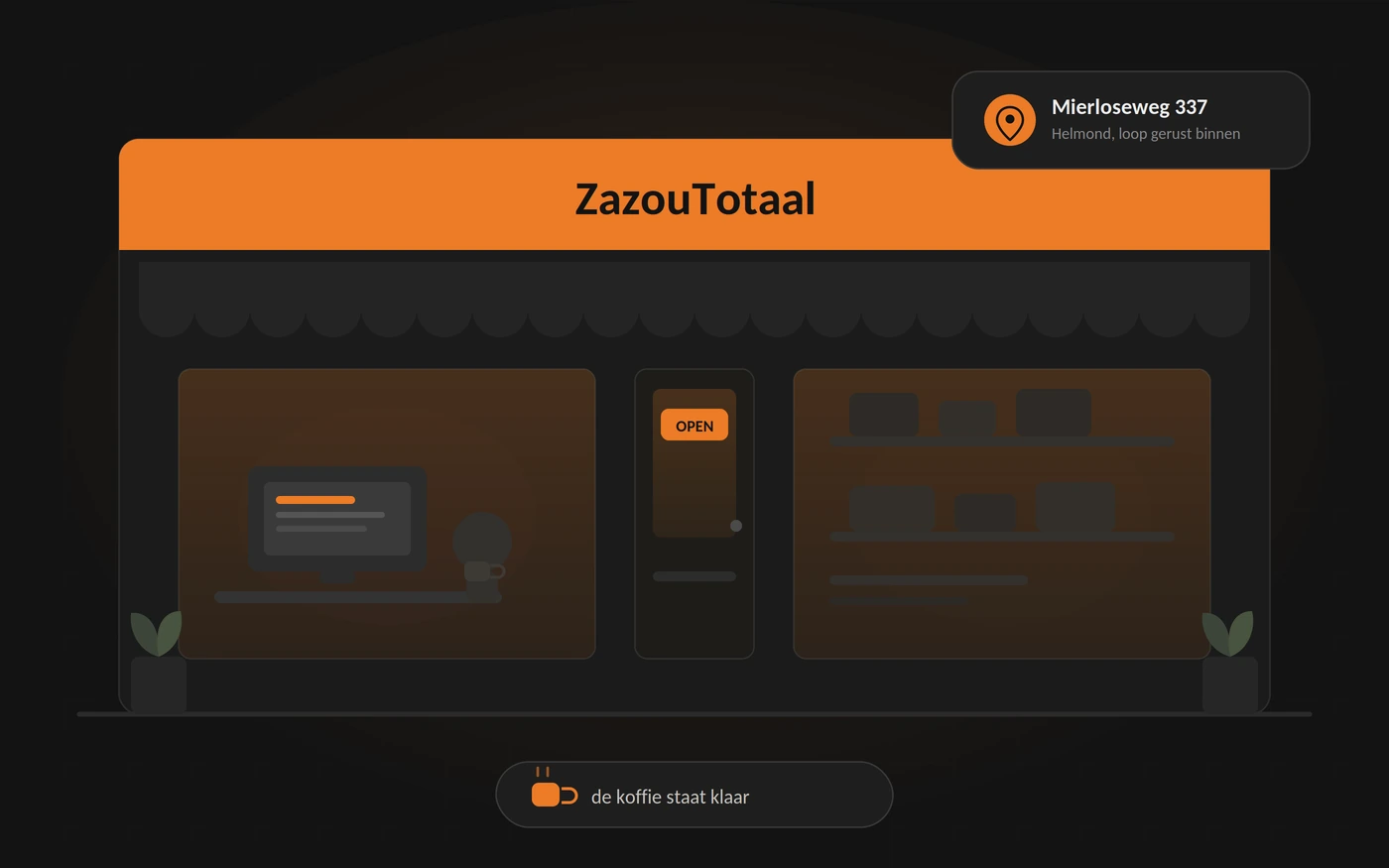 De websitewinkel van ZazouTotaal aan de Mierloseweg 337 in Helmond, de koffie staat klaar