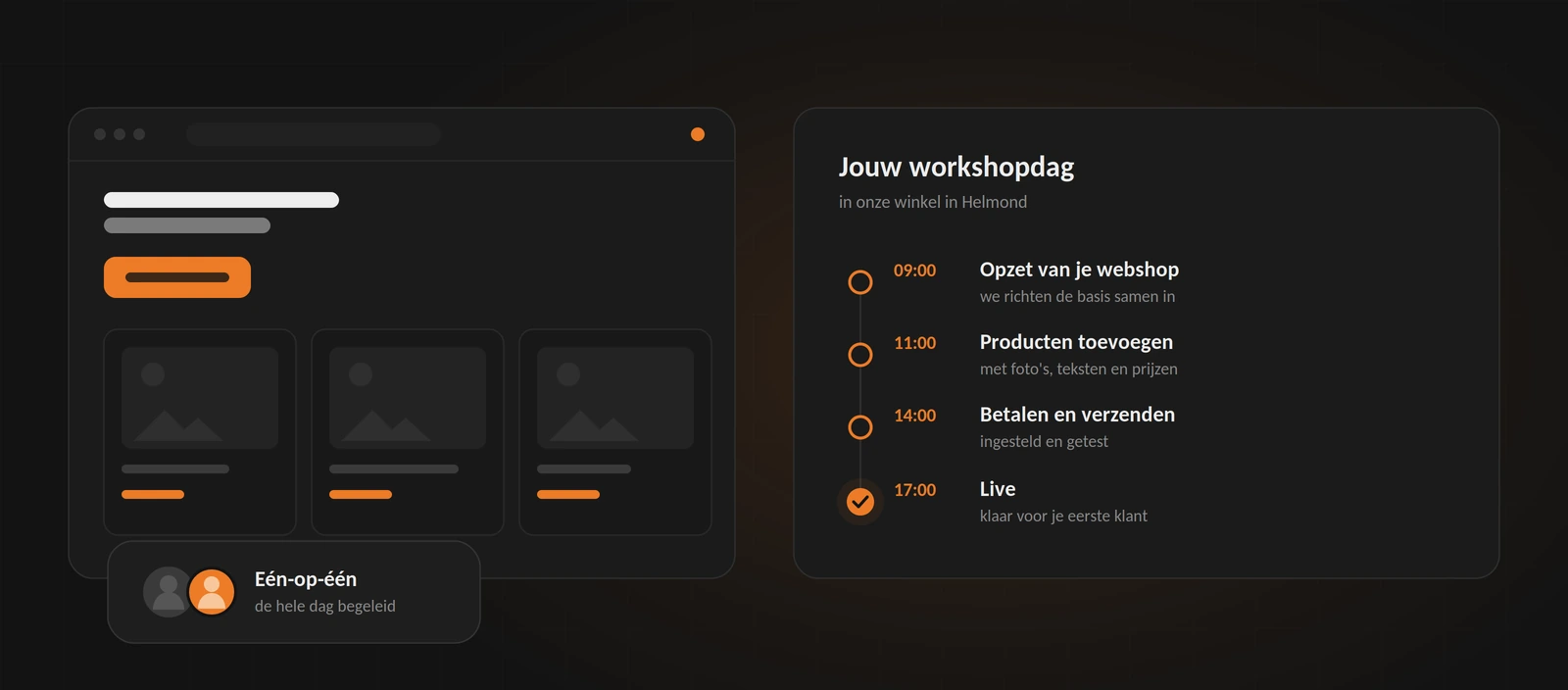 Overzicht van de workshopdag: webshop opzetten, producten toevoegen, betalen en verzenden instellen en om 17:00 live